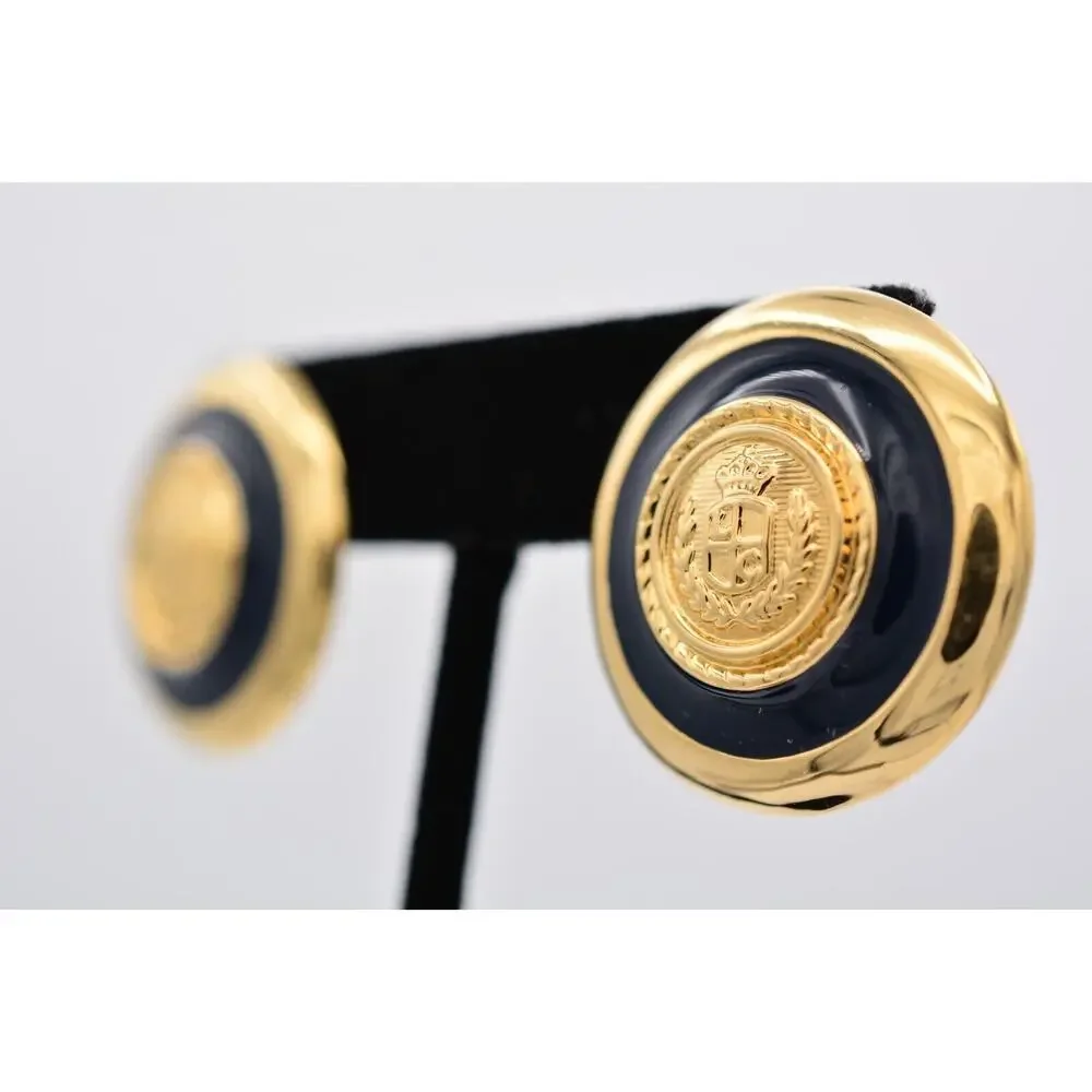 Liz Claiborne Vintage Earrings Gold Coin Chunky Black Logo LCI Signed 90s 9L